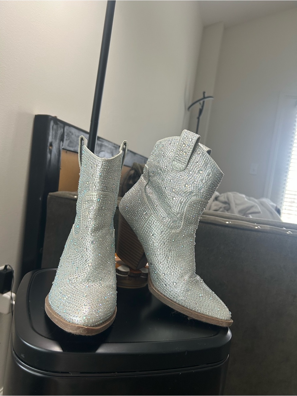 Embellished Silver Western Ankle Boots for Women